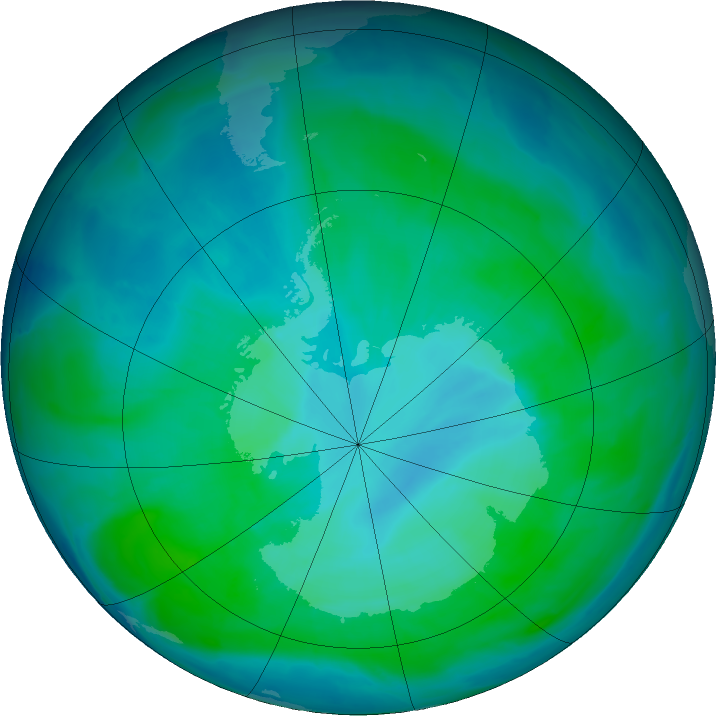 Antarctic ozone map for 08 January 2016